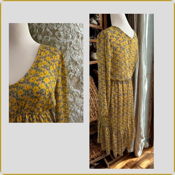 Yellow Floral Long Sleeve Ruffle Hem Mini Dress Size M - Picture 2 of 5